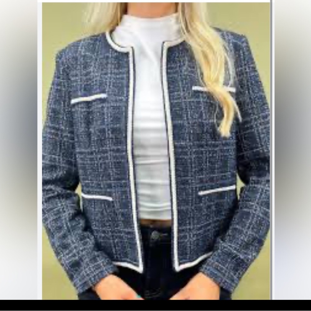 New Nanette Lepore Navy Tweed Blazer with White Accents size L